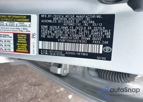 2013 Toyota Camry Le from USA, damaged, VIN 4T4BF1FK4DR316362
